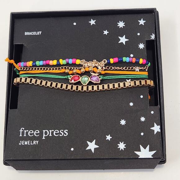 Free Press Multiple Bracelet Set Beaded Chain Rhinestone Pink Gold Tone Blue - Picture 1 of 5